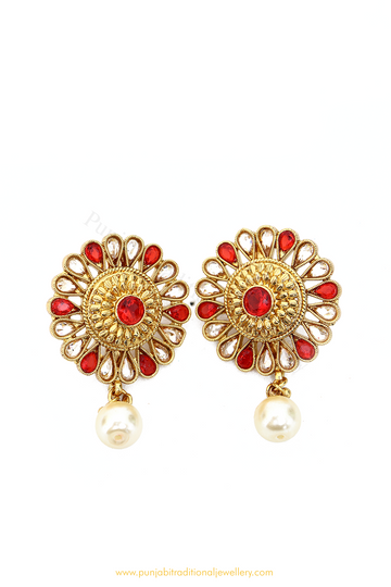 Antique Gold Finished Red Polki Studs By PTJ